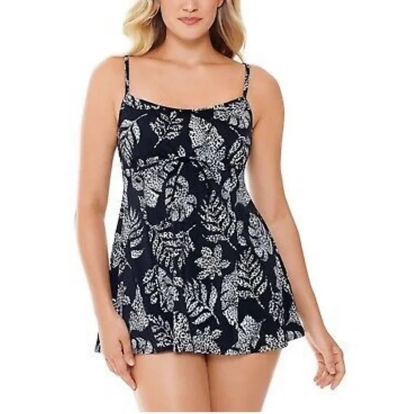 sachin and babi light blue dress Swim Solutions Spotted Leaves Empire-Waist Tummy Control Swimdress, US 8